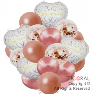 SET DE GLOBOS METALIZADOS FELIZ ANIVERSARIO ROSA x 16 UNIDADES